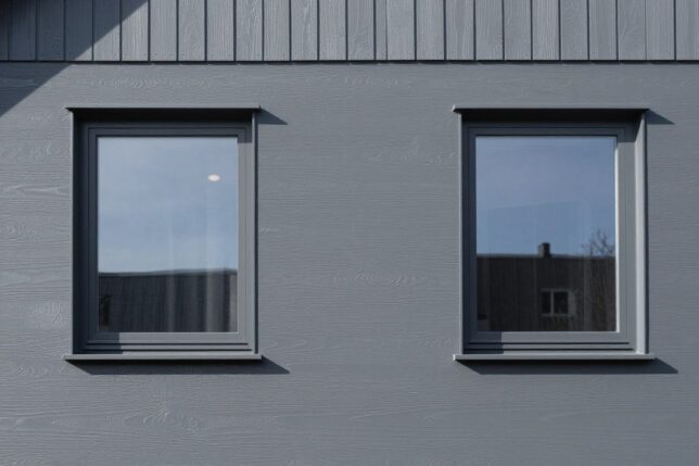 Anthrazitfarbenes Kunststofffenster mit strukturierter Oberfläche an einer modernen Fassade