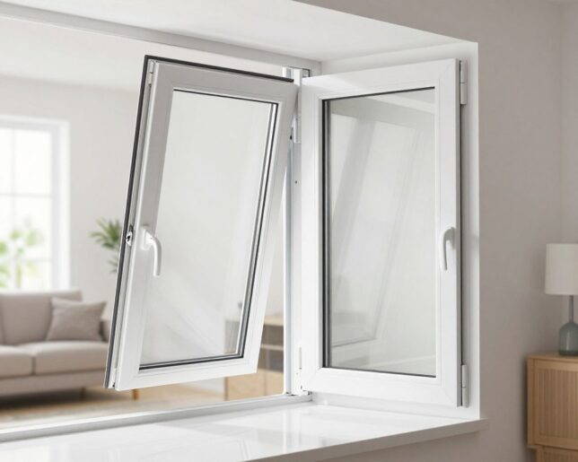 Dreh-Kipp-Fenster mit geöffneter Kippfunktion in einem Wohnraum
