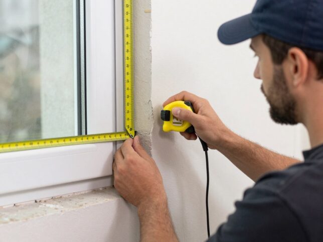 Fachkraft beim präzisen Aufmaß einer Fensteröffnung mit Messwerkzeug