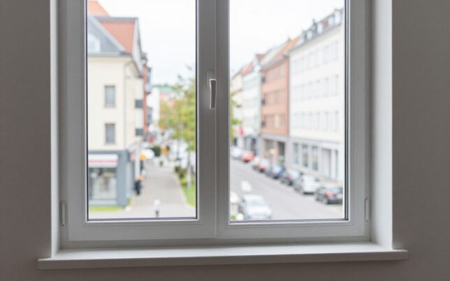 Modernes Kunststofffenster an einer lärmreichen Straße mit ruhigem Innenraum